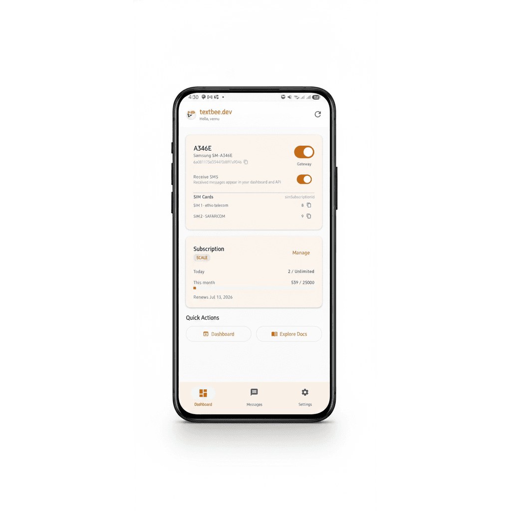 textbee.dev Android SMS gateway app running on a phone